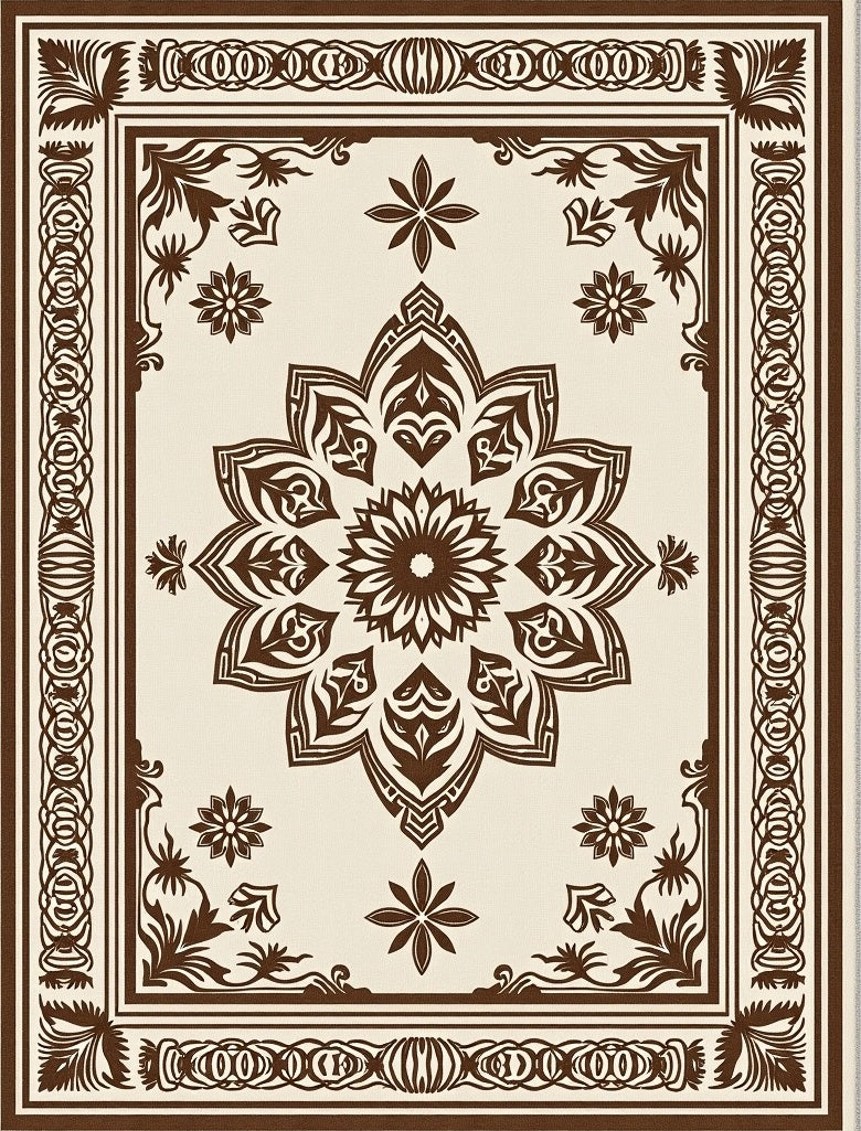 Brown Floral Medallion Cream Border Rug