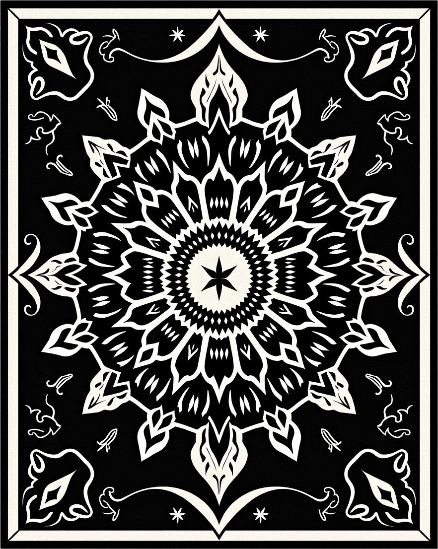 Black White Floral Mandala medallion Rug