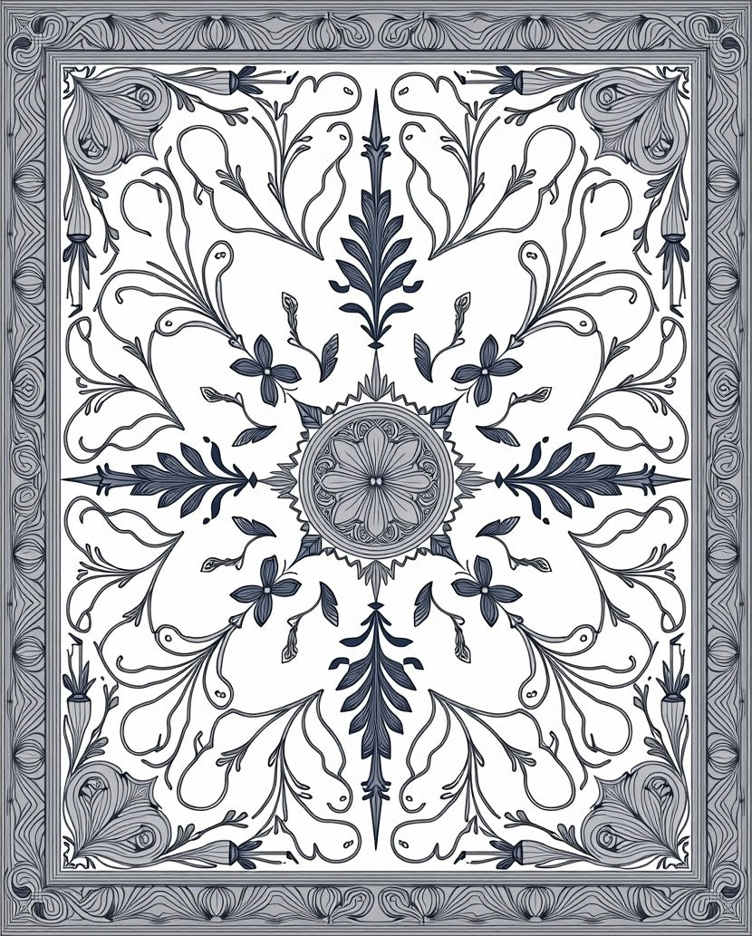 Gray Floral Medallion Scrollwork Border Rug