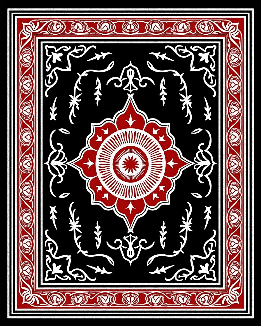 Crimson White Floral Medallion Black Rug