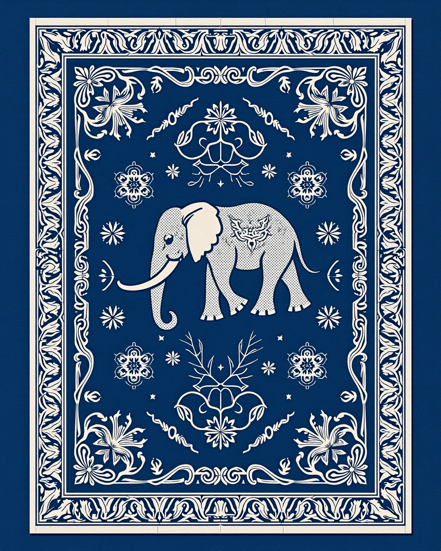 Navy Blue Elephant Floral Border Rug
