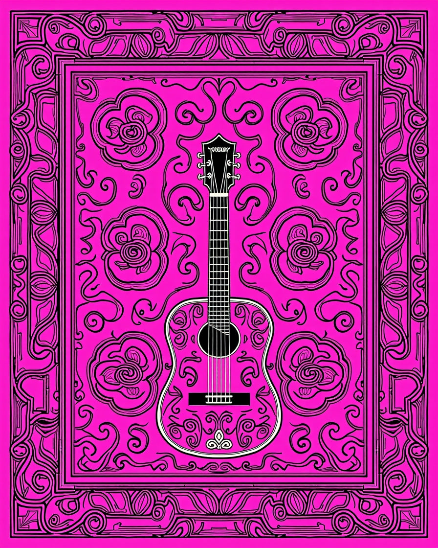 Vibrant Pink Floral Guitar Outline Rug