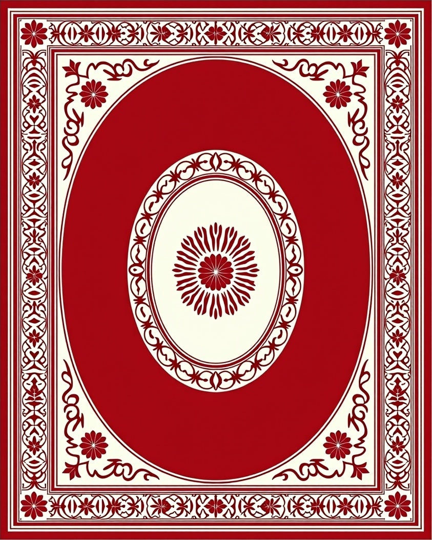 Crimson Floral Oval Medallion Border Rug