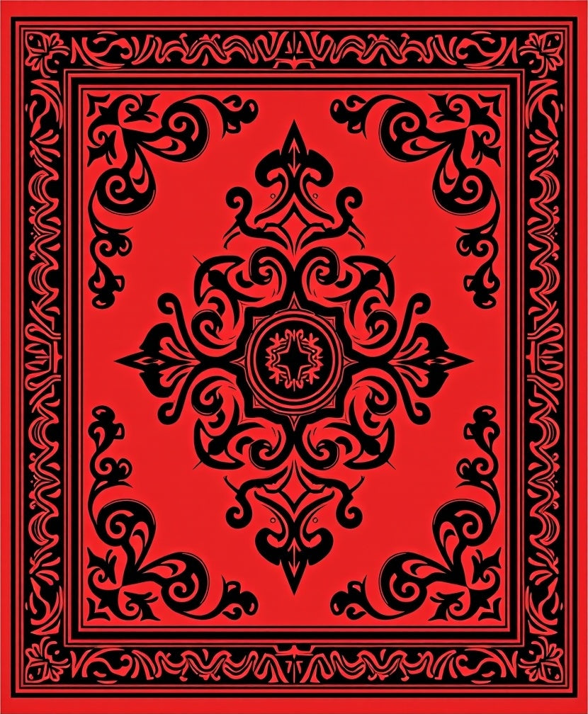 Bold Red Black Traditional Medallion Layout Rug