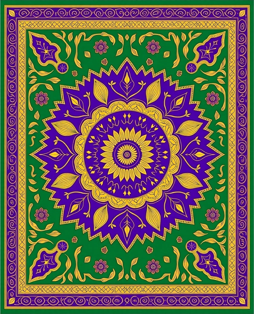 Purple Golden Floral Sunburst Green Rug