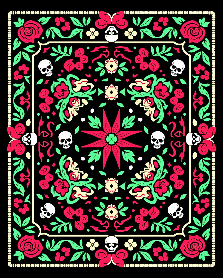 Gothic Floral Skull Medallion Black Rug
