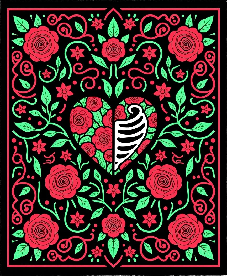Bold Heart Floral Skeleton Rug