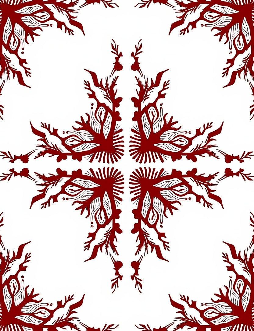 Crimson Stylized Branch Mandala Rug