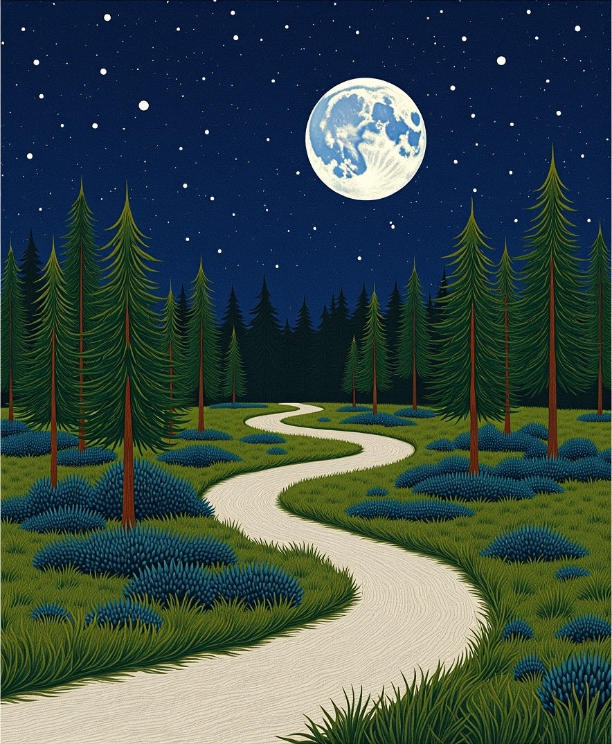 Winding Road Under Full Moon Forest Rug