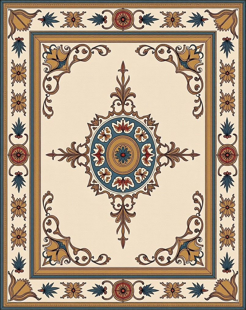 Elegant Ochre Teal Floral Medallion Rug