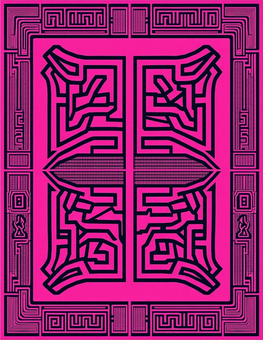 Bold Black Labyrinthine Pink Geometric Rug