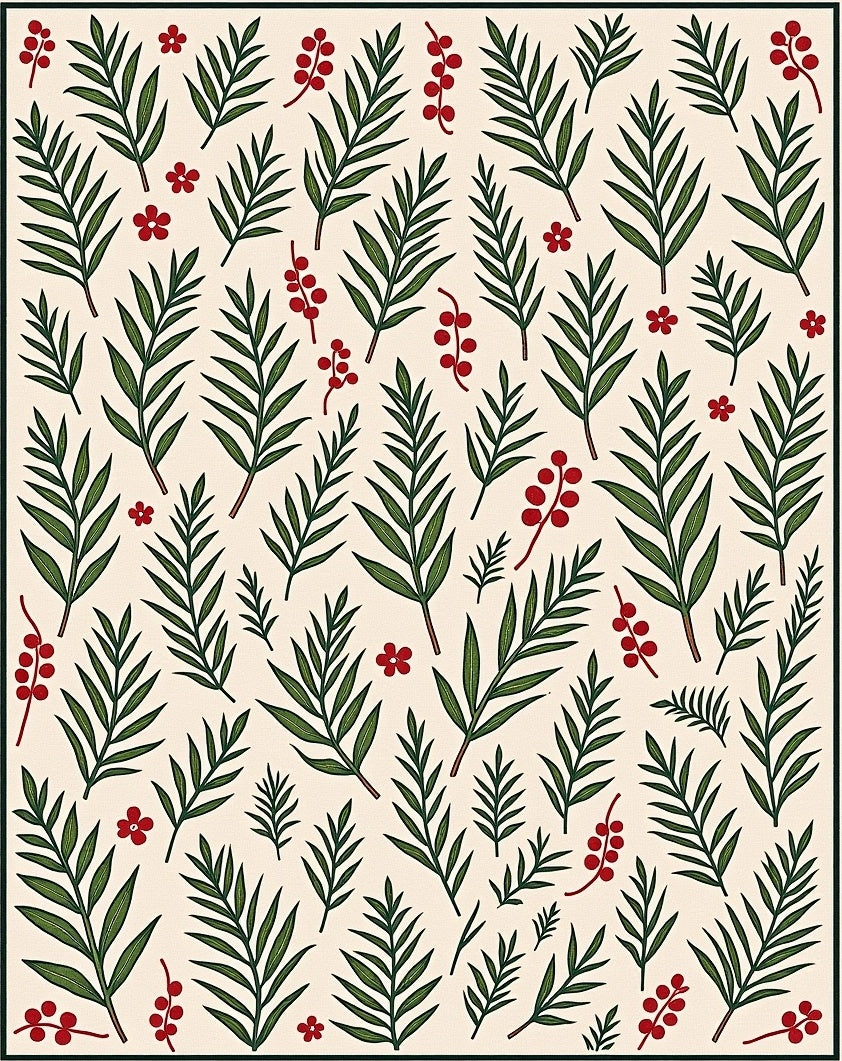 Cream Greenery Red Berry Botanical Rug