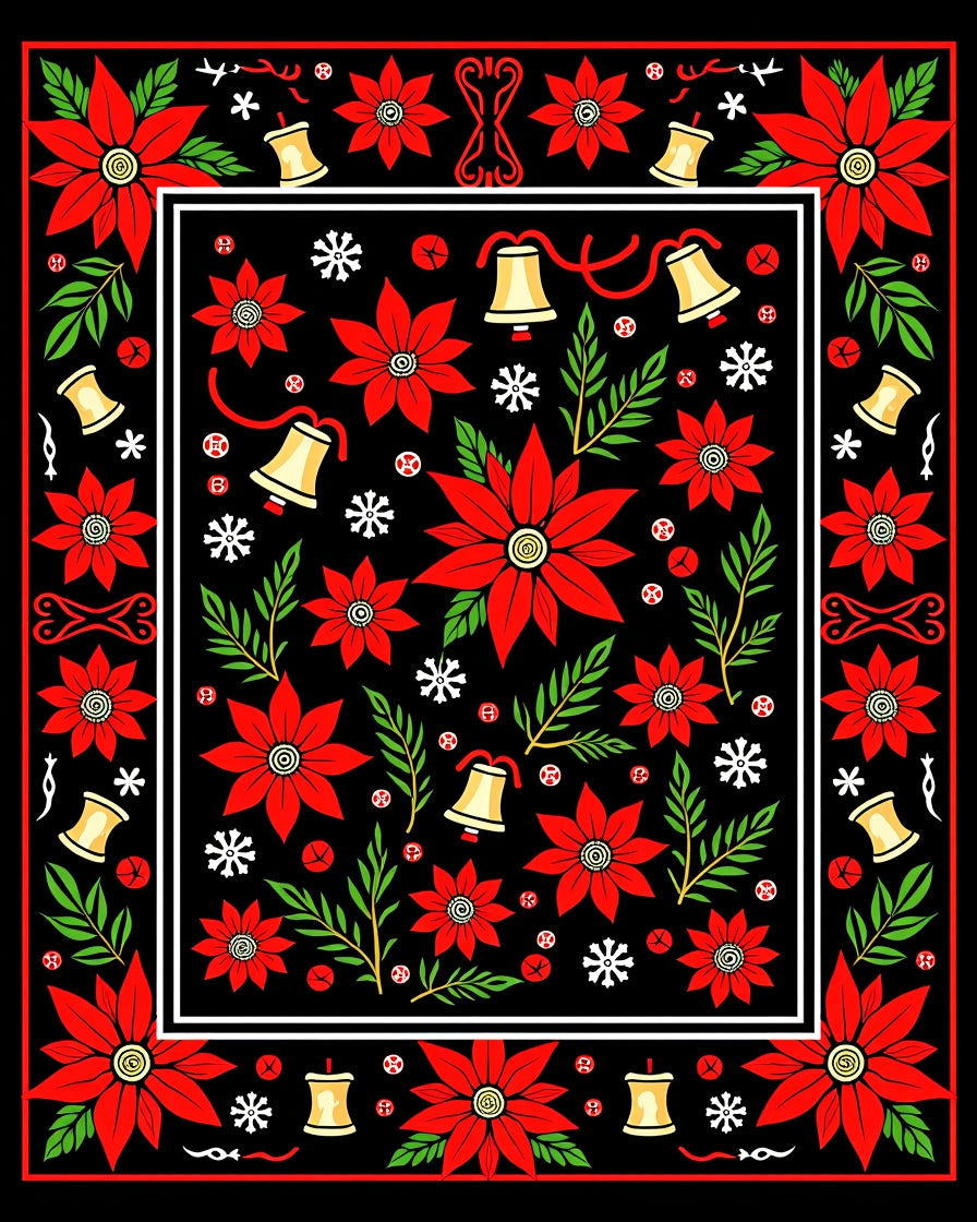 Red Poinsettia Bell Snowflake Medallion Rug
