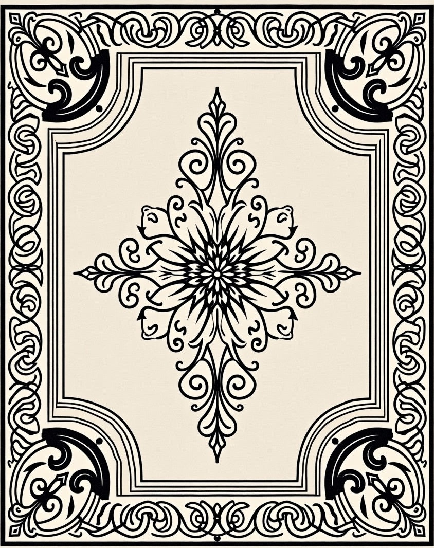 Vintage Cream Black Floral Medallion Art Rug