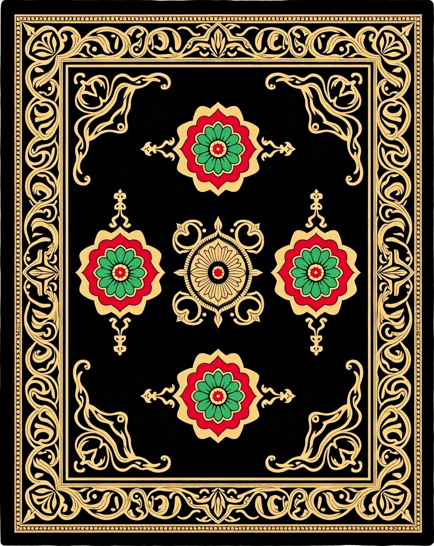 Black Gold Red Green Floral Medallion Rug