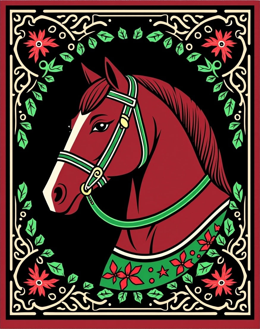 Crimson Horse Floral Garland Art Rug