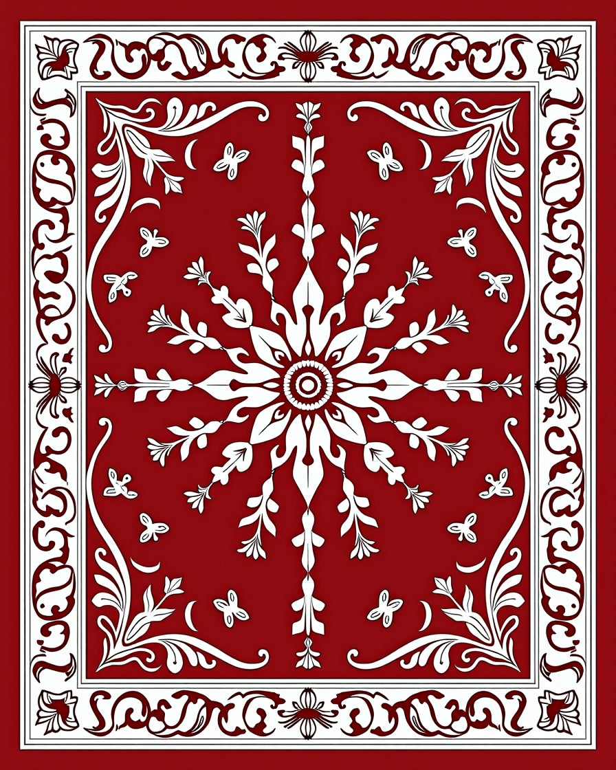 Crimson White Floral Snowflake Border Rug