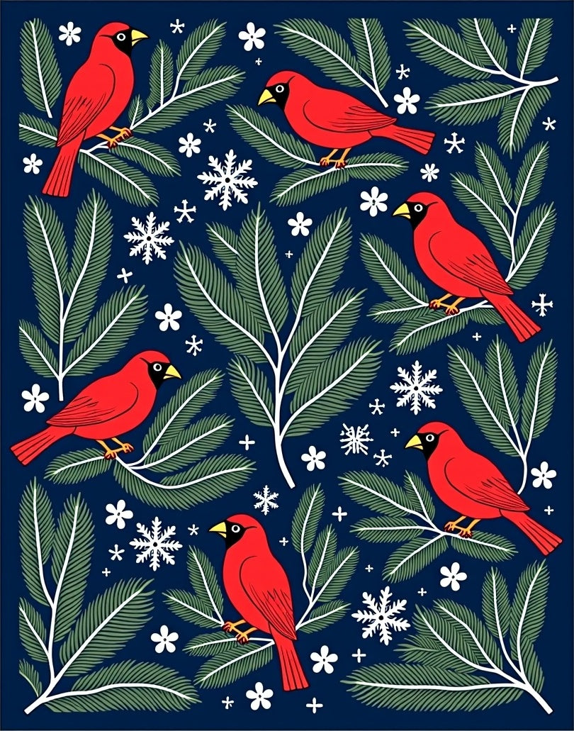 Red Cardinal Winter Branch Snowflake Rug