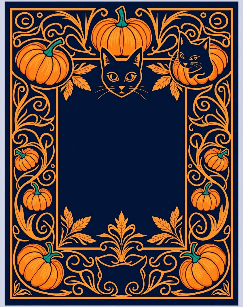 Orange Pumpkin Black Cat Border Rug