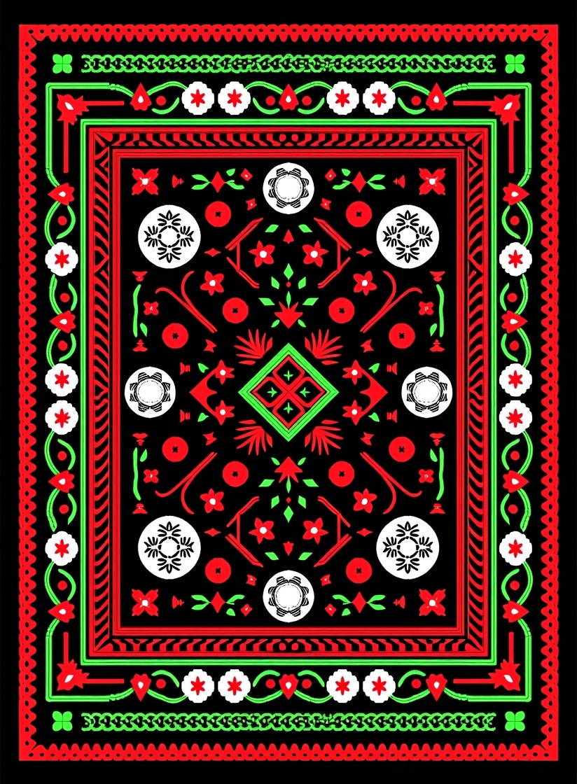 Bold Red Green Folk Mandala Rug