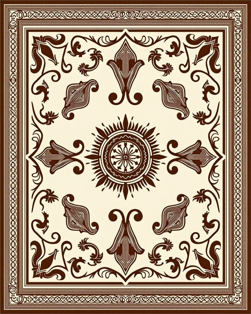 Brown Cream Damask Floral Medallion Rug