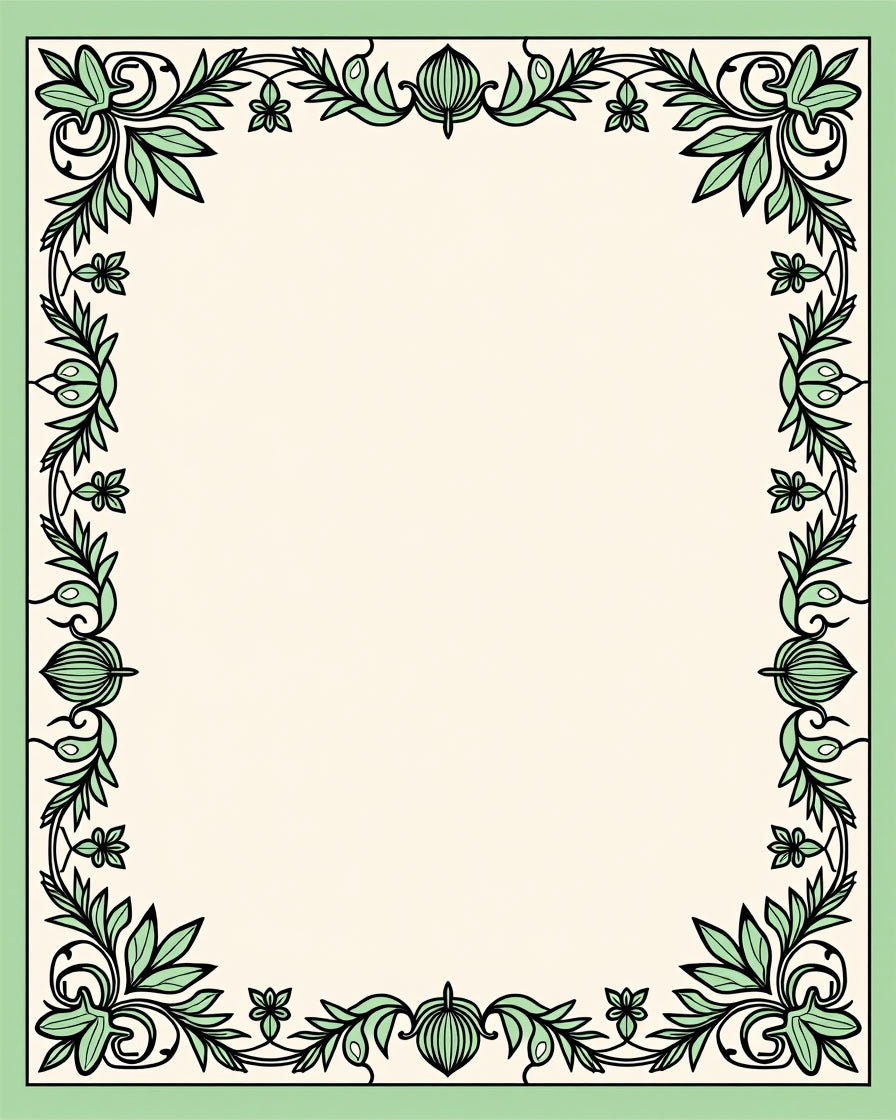 Elegant Green Leaf Border Artwork Rug