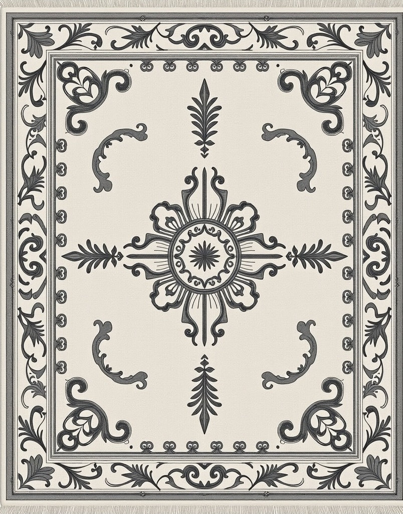 Classic Black Ivory Medallion Scroll Rug