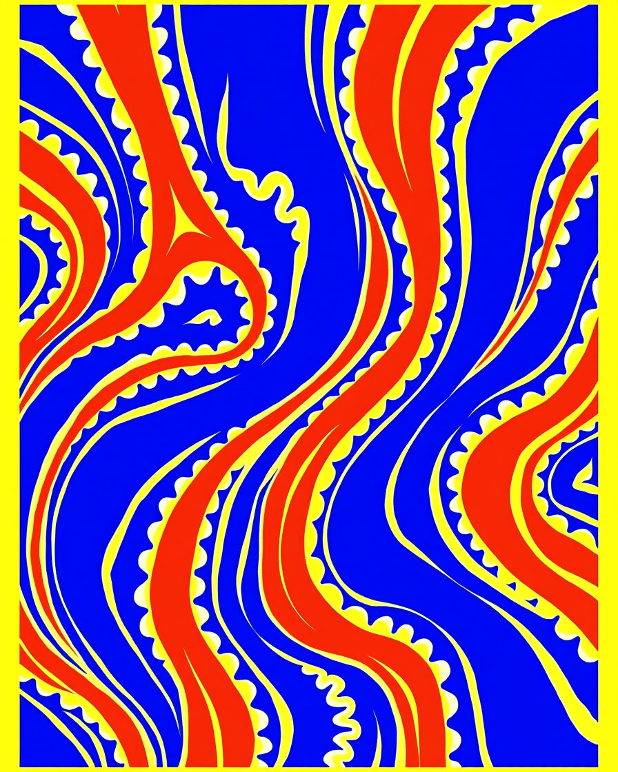 Bold Red Blue Curving Tentacles Rug