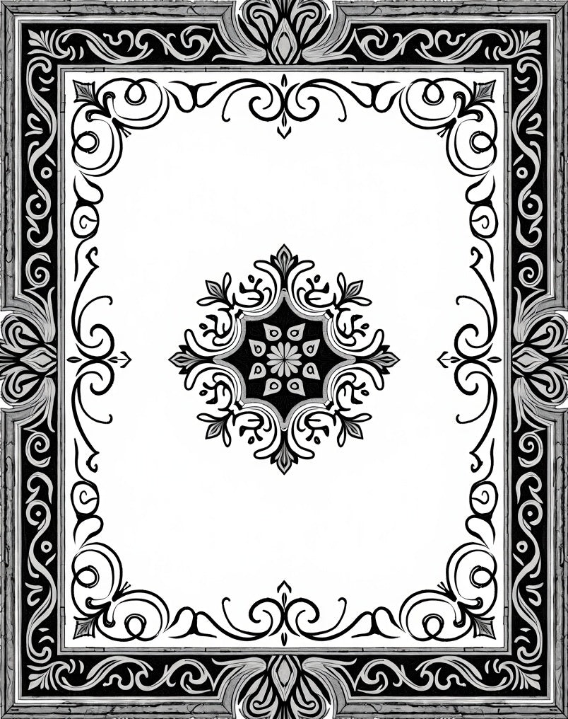 Ornate Black and White Scroll Medallion Rug