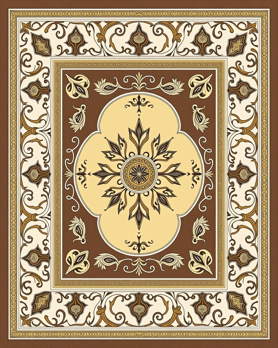 Brown Cream Floral Medallion Border Rug