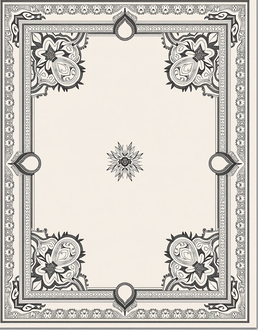 Intricate Black Cream Floral Medallion Border Rug
