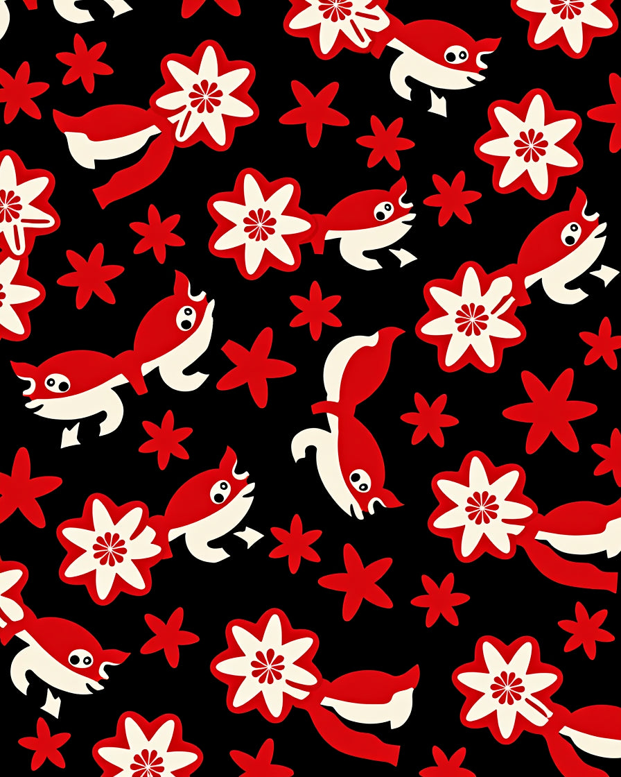 Red White Whimsical Fish Floral Black Rug