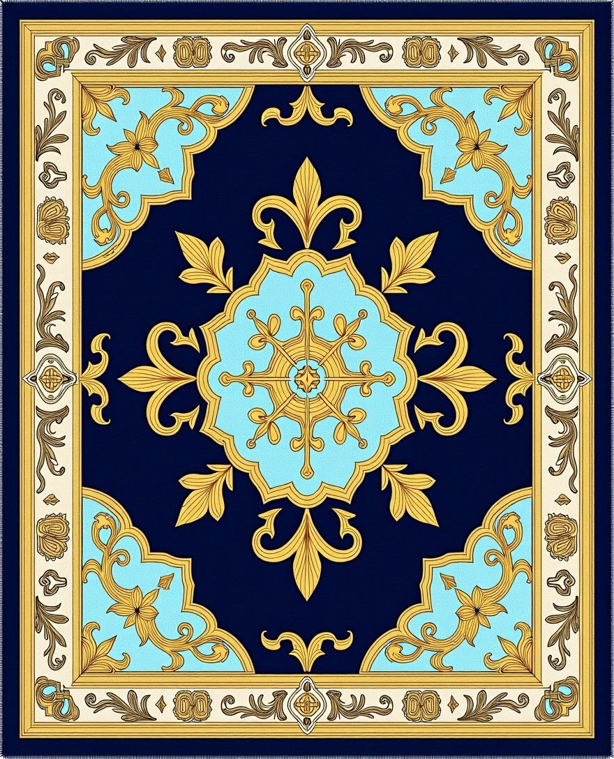 Royal Blue Golden Ornate Floral Accent Rug