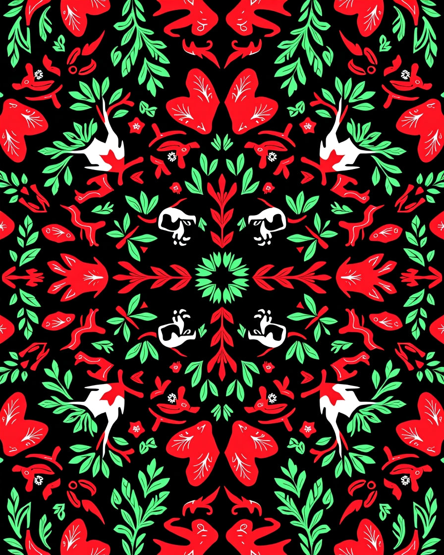 Bold Red Green Woodland Creature Medallion Rug