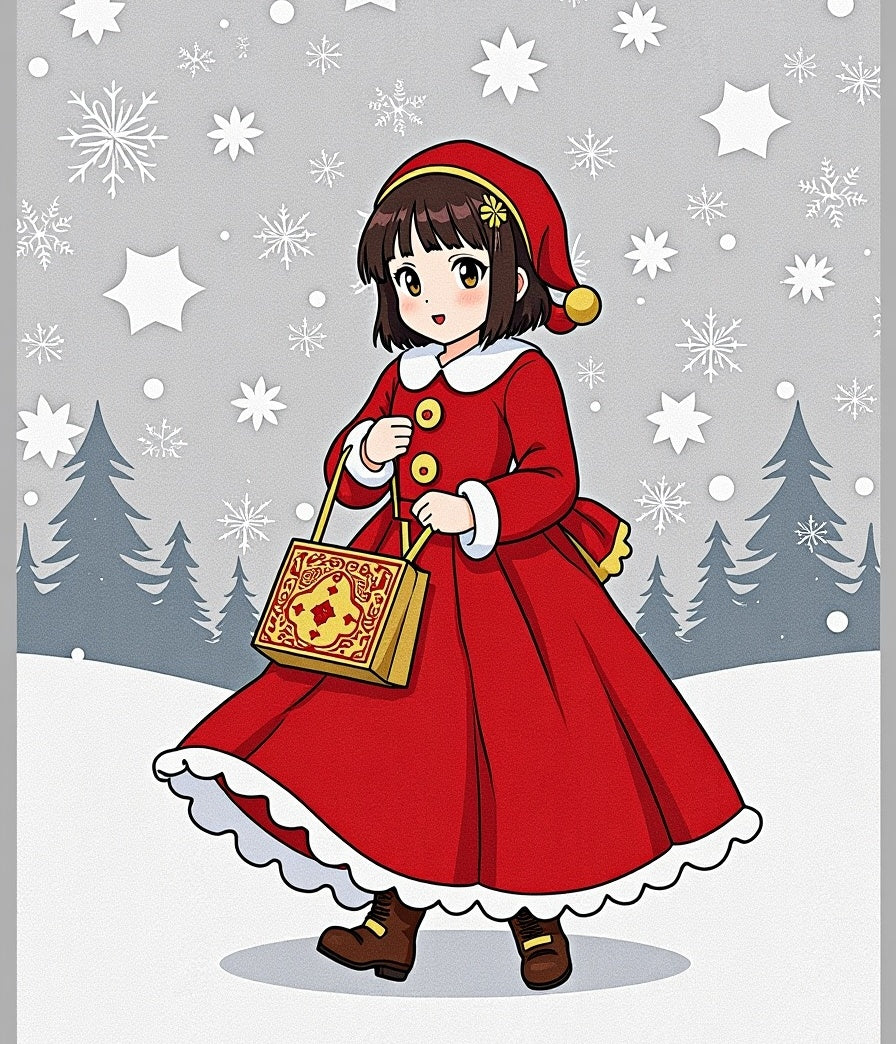 Holiday Girl Red Dress Snowflake Forest Rug