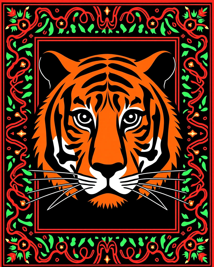 Bold Orange Tiger Face Bordered Rug