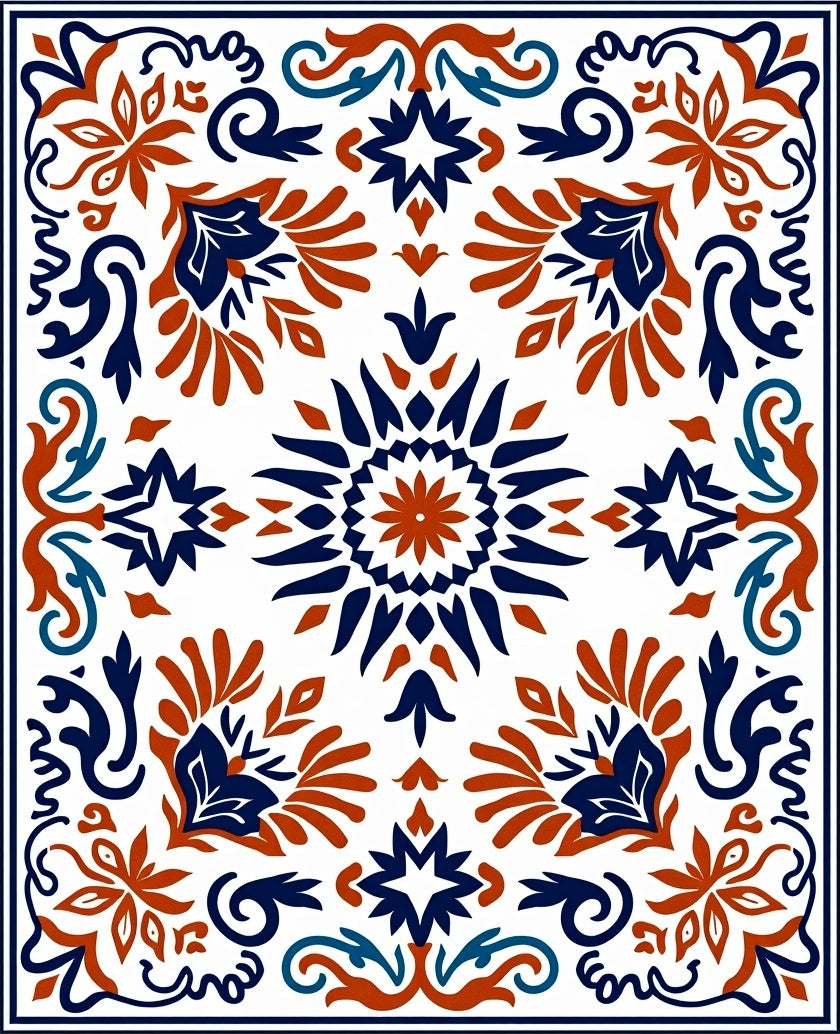 Crimson Navy Floral Medallion Border Rug