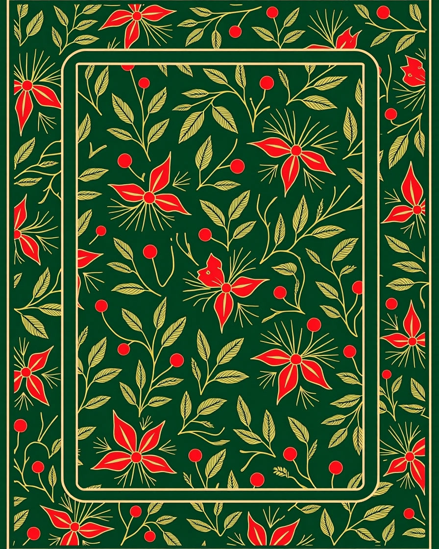 Emerald Red Floral Botanical Border Rug