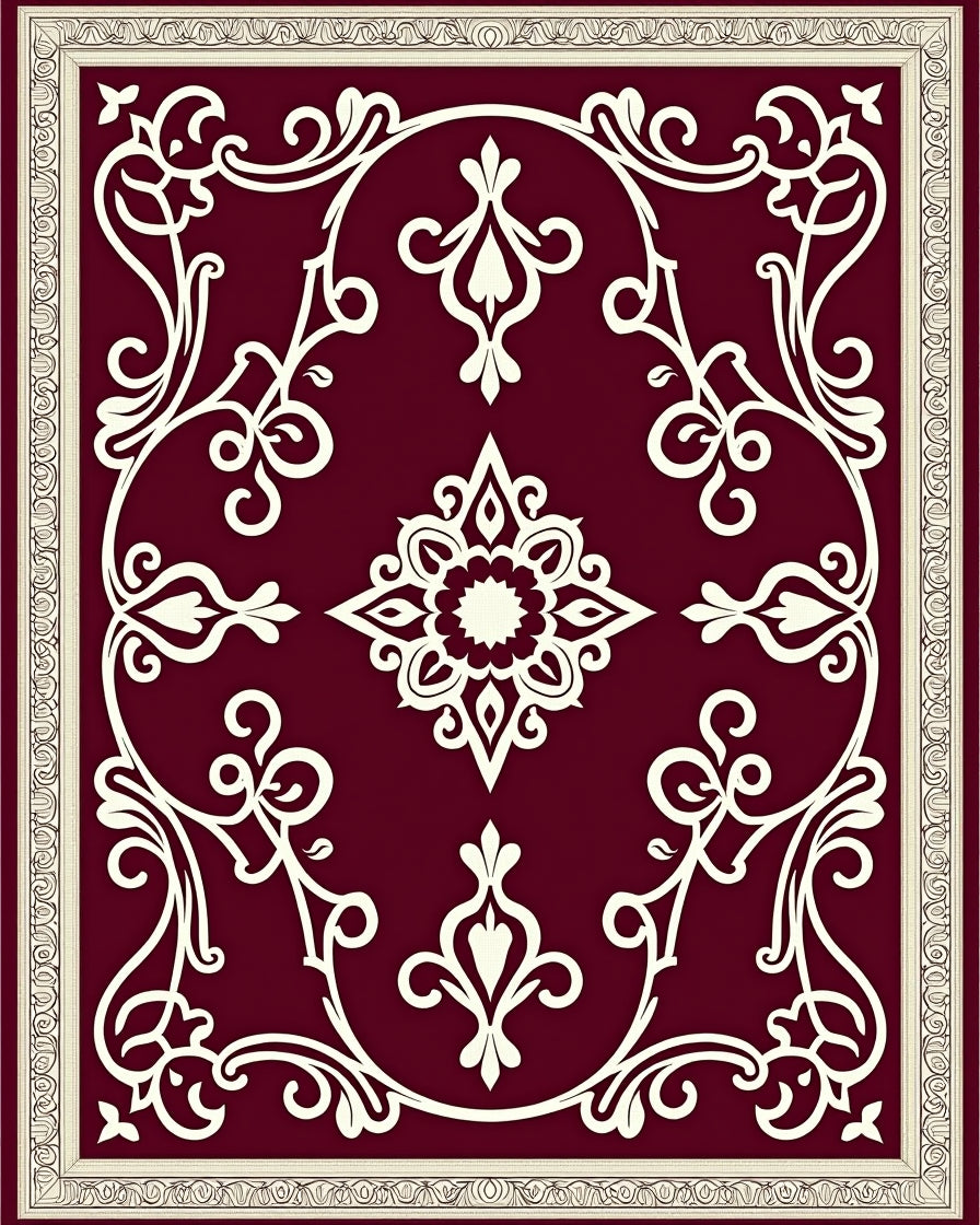 Maroon Floral Scroll Medallion Frame Rug