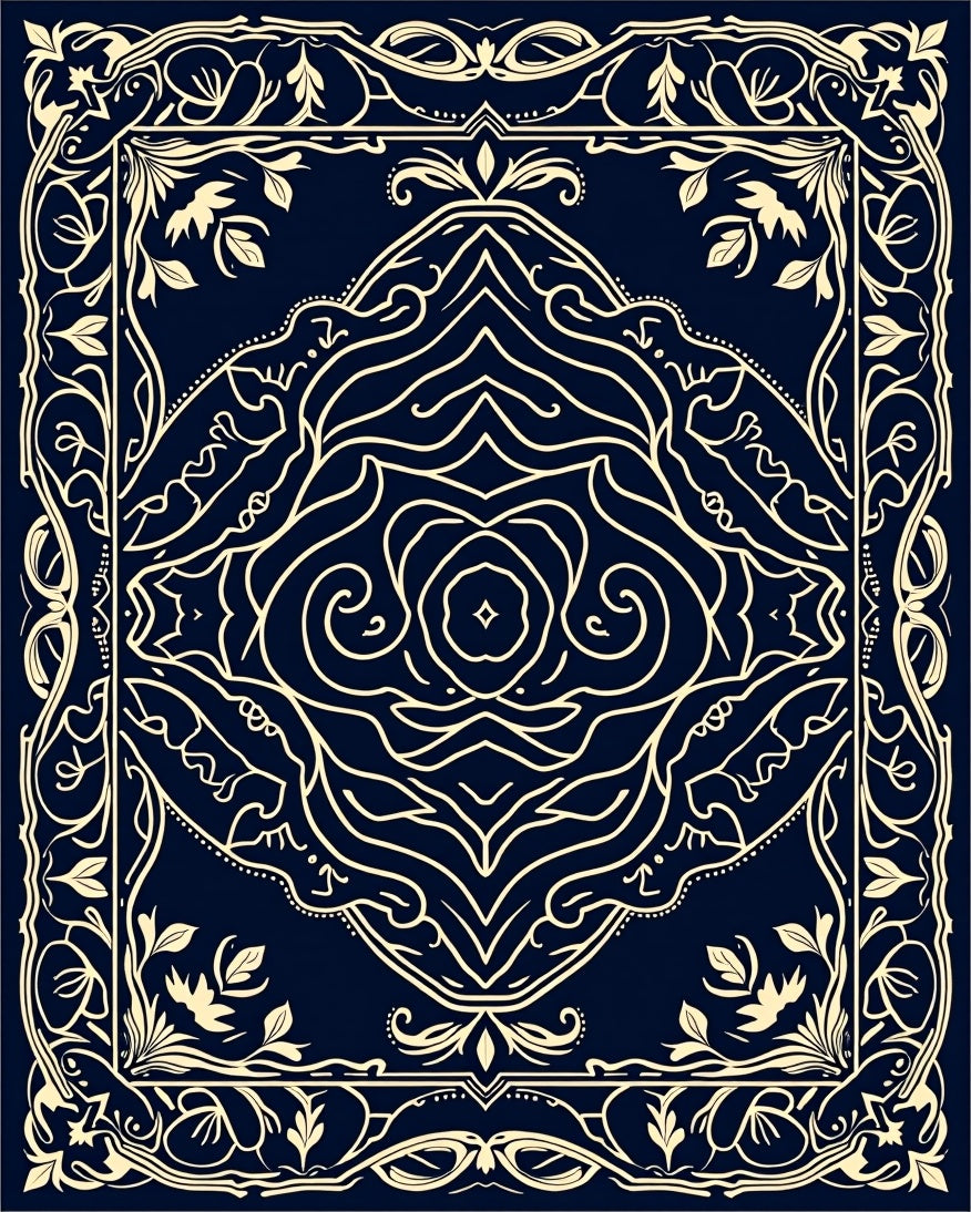 Dark Blue Ivory Floral Scroll Medallion Rug