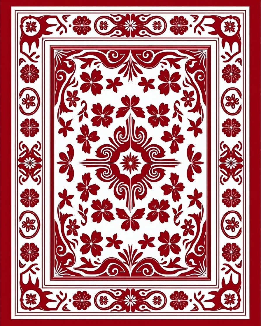 Crimson White Floral Border Medallion Rug