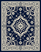 Dark Blue Cream Floral Medallion Border Rug