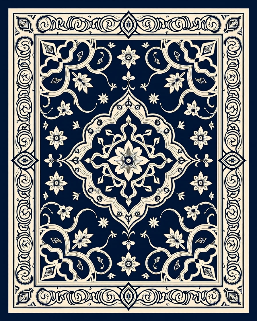 Dark Blue Cream Floral Medallion Border Rug