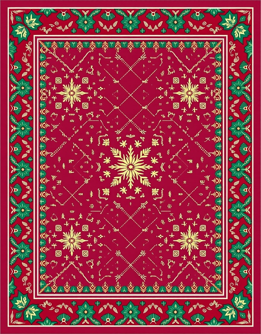 Crimson Red Golden Floral Border Rug