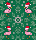 Festive Pink Flamingos Green Snowflake Christmas Rug