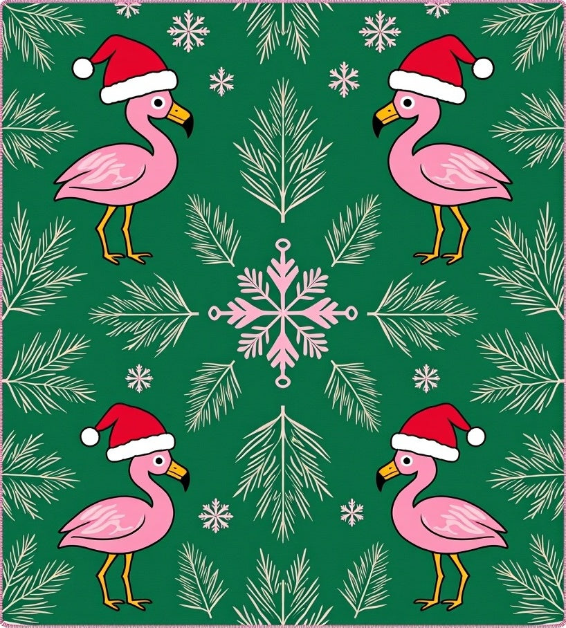 Festive Pink Flamingos Green Snowflake Christmas Rug
