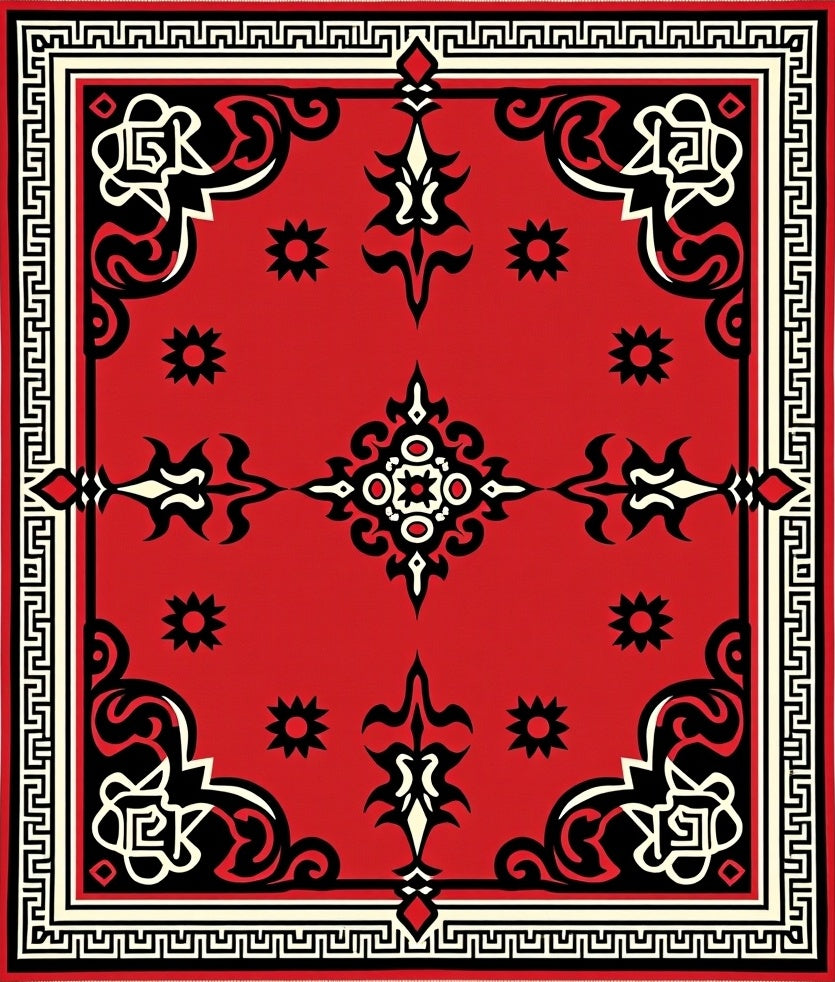 Red Black and Cream Geometric Scroll Rug