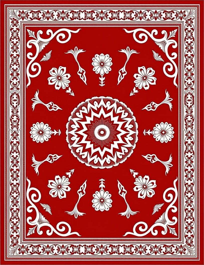 Scarlet White Foliage Starburst Center Rug