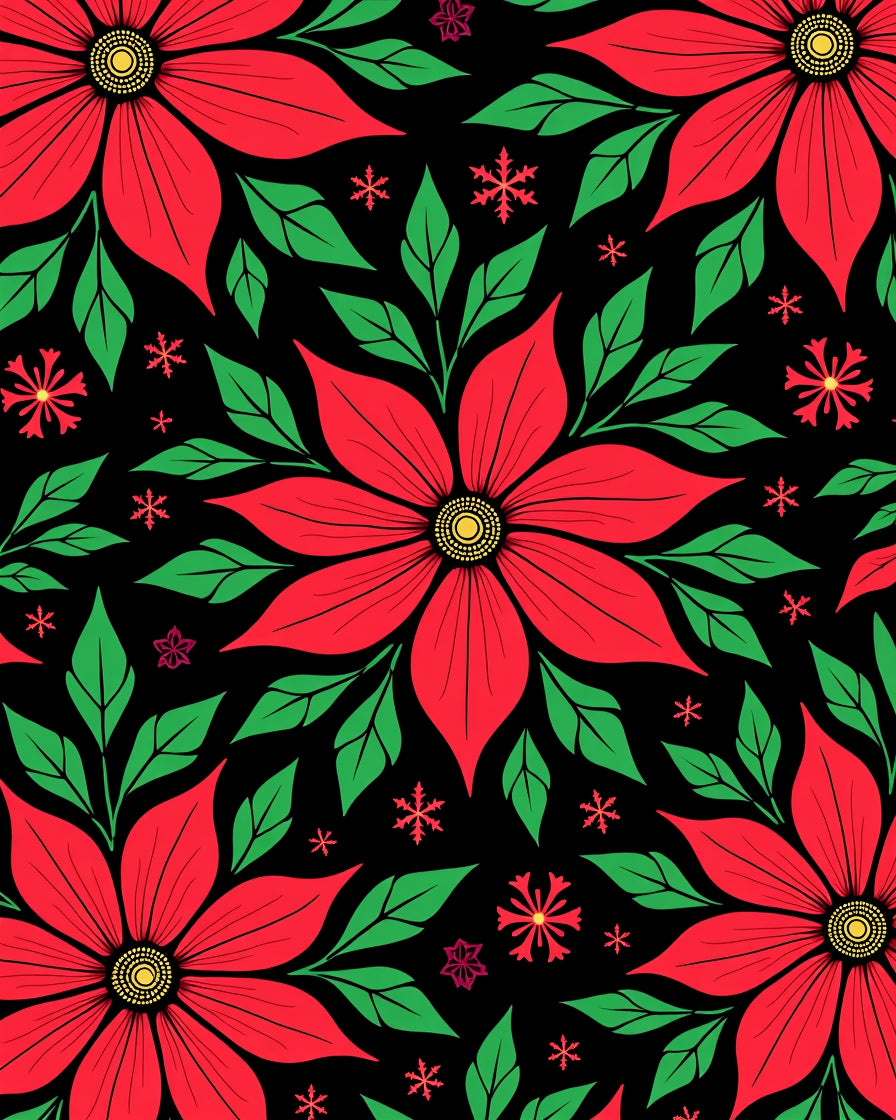 Festive Red Poinsettia Snowflakes Black Rug