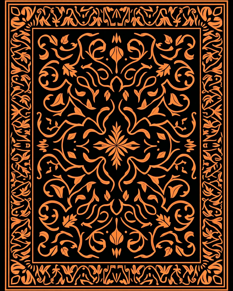 Orange Floral Scroll Black Medallion Rug